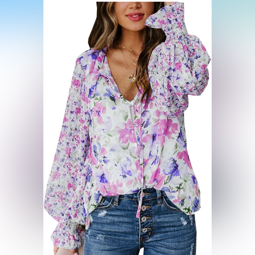 Floral V-Neck Blouse - Pink and Purple